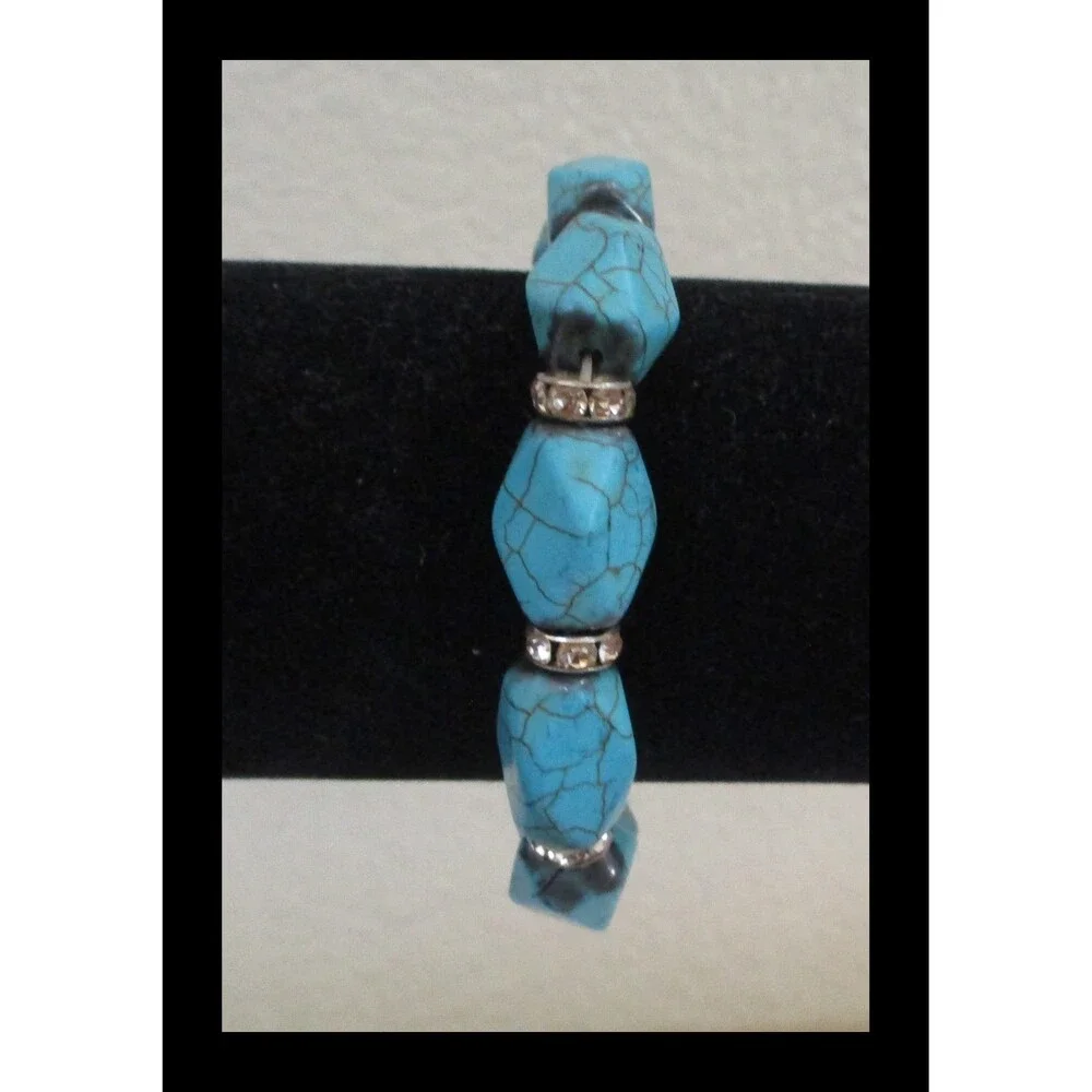 Turquoise Colored Beads with Crystal Spacers Stretch Bracelet BR-11